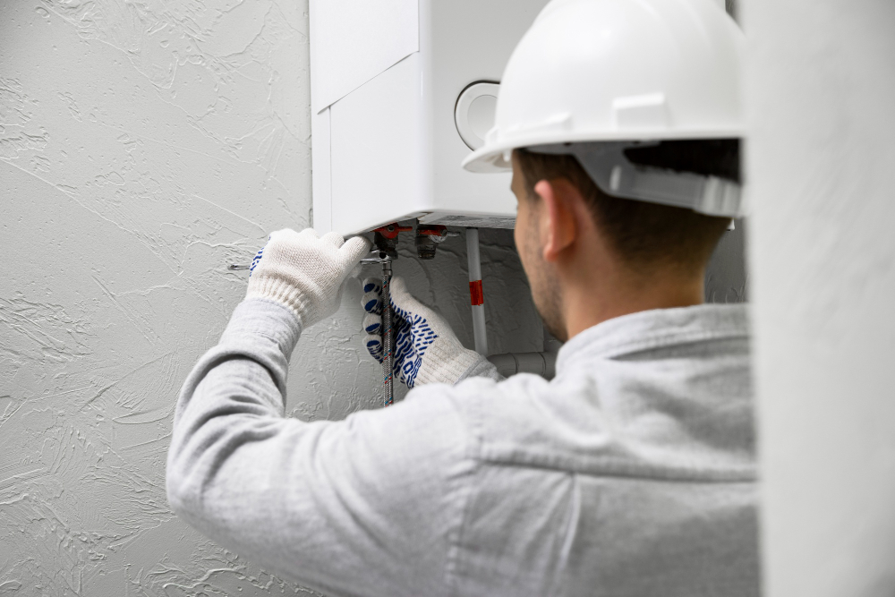 A plumber is repairing the water heater